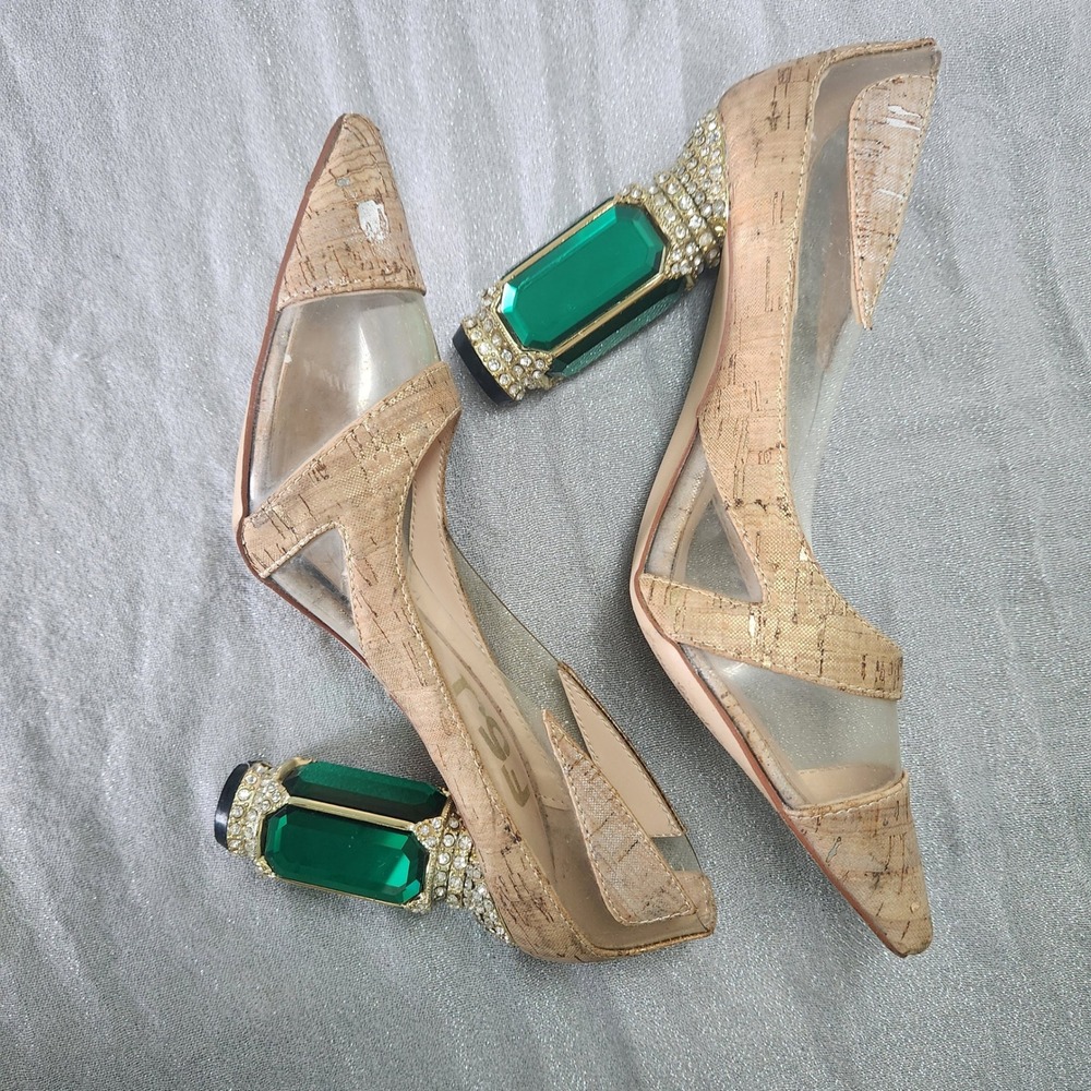 FSJ Women Nude Transparent Pointed Toe Pumps Bridal Emerald Crystal Block Heel 8